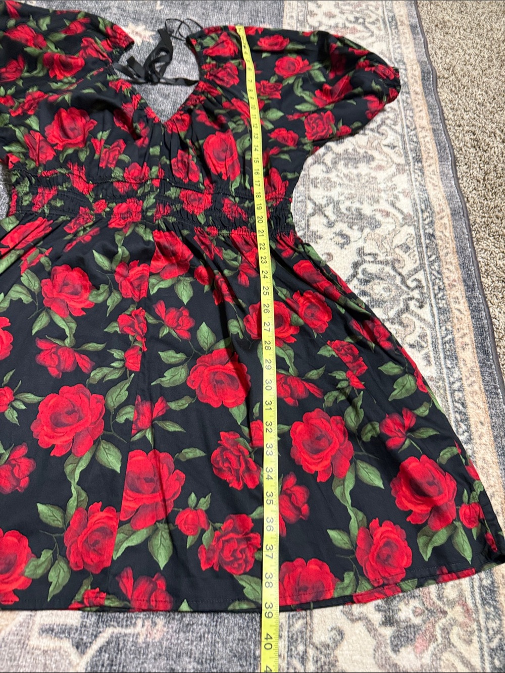 Old Navy Black Midi Dress with Red Rose Print and Puff Sleeves - Picture 6 of 7